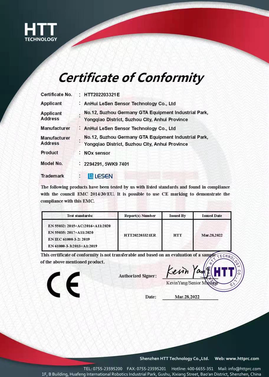 Nox sensor certificate